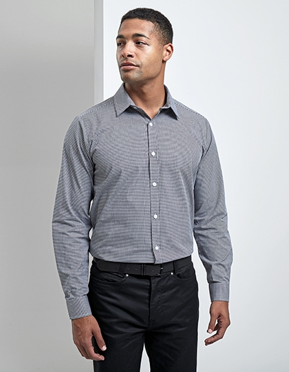Mens Microcheck (Gingham) Long Sleeve Cotton Shirt M Navy